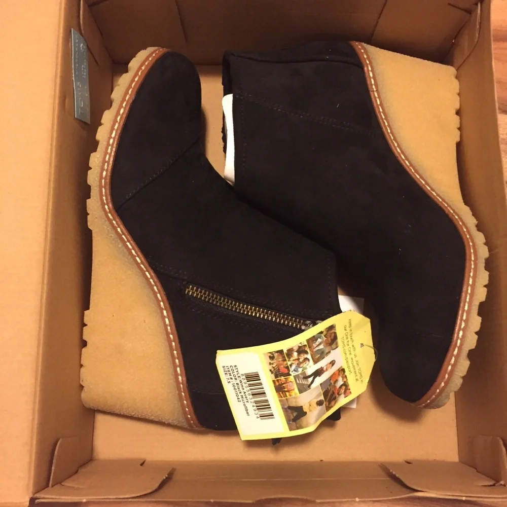 Toms Black Suede Wedge Ankle Boots with Tan Wedge